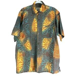 Johari West Shirt Men Sze L Teal Yellow Multi Batik Geometric Hawaiian Button Up